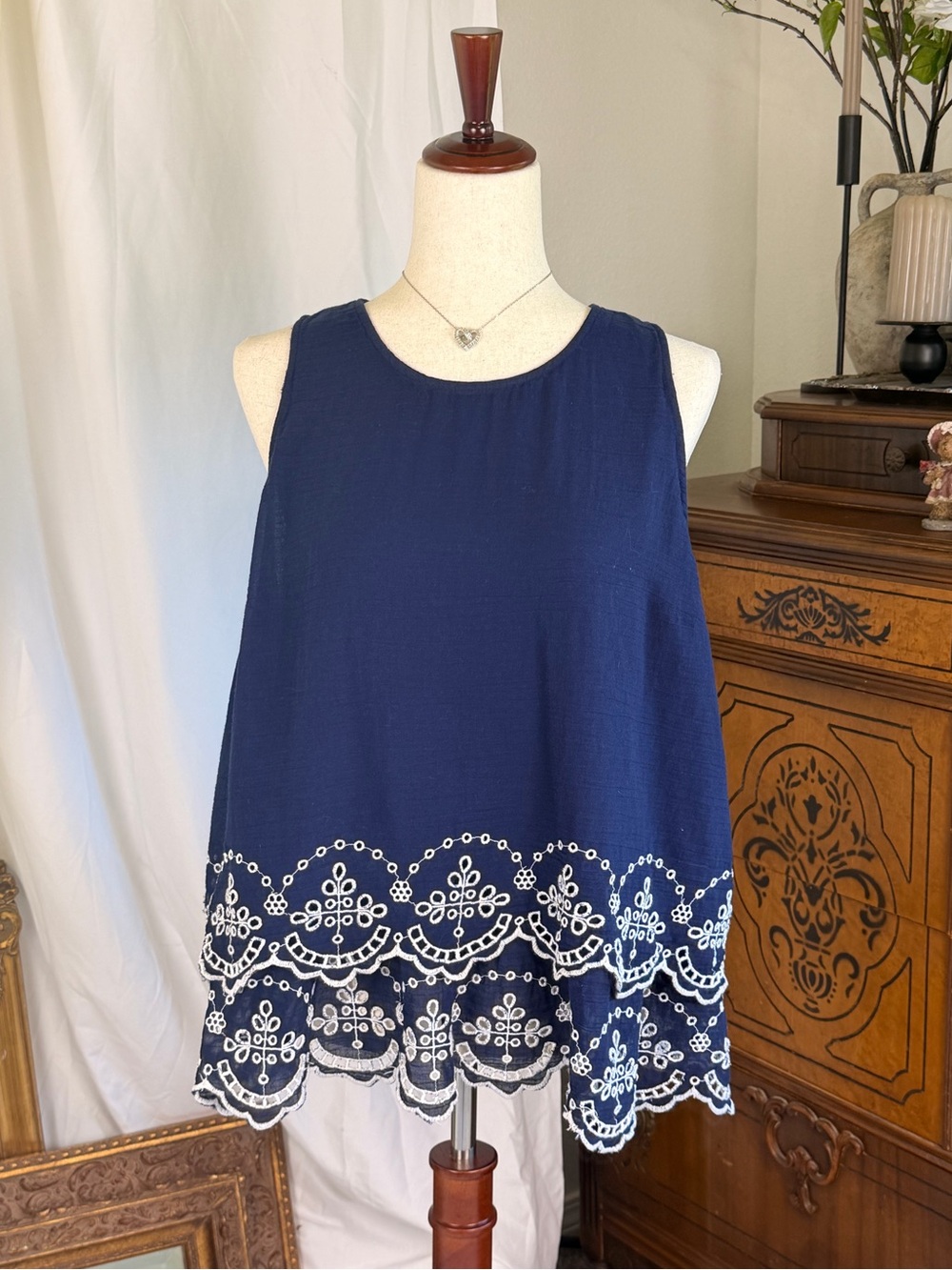 Coastal, Cottagecore, Summer, Sleeveless Navy Blue Embroidered Hem Women's Top